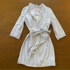 Women’s Lilly Pulitzer Blue and White Striped Ruffle Collar Belted Shirt Dress